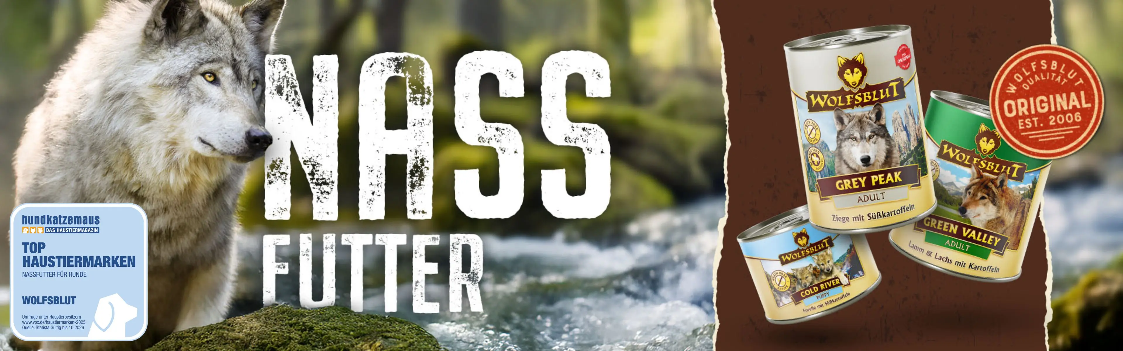 Nassfutter Dosen für Hunde mit einem abgebildeten Wolf in der Natur